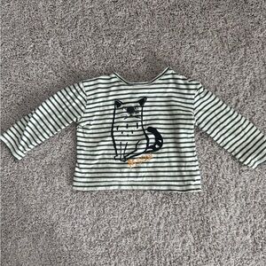 12-18 month Zara Green Striped Cat Print Long Sleeve Tee